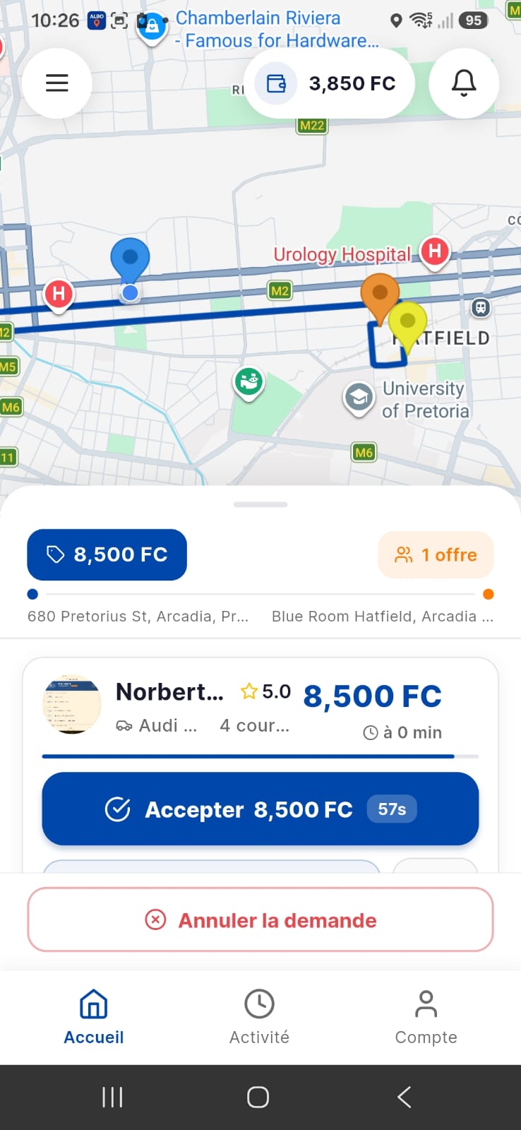 ALBO Taxi driver offer screen with price and Accept button