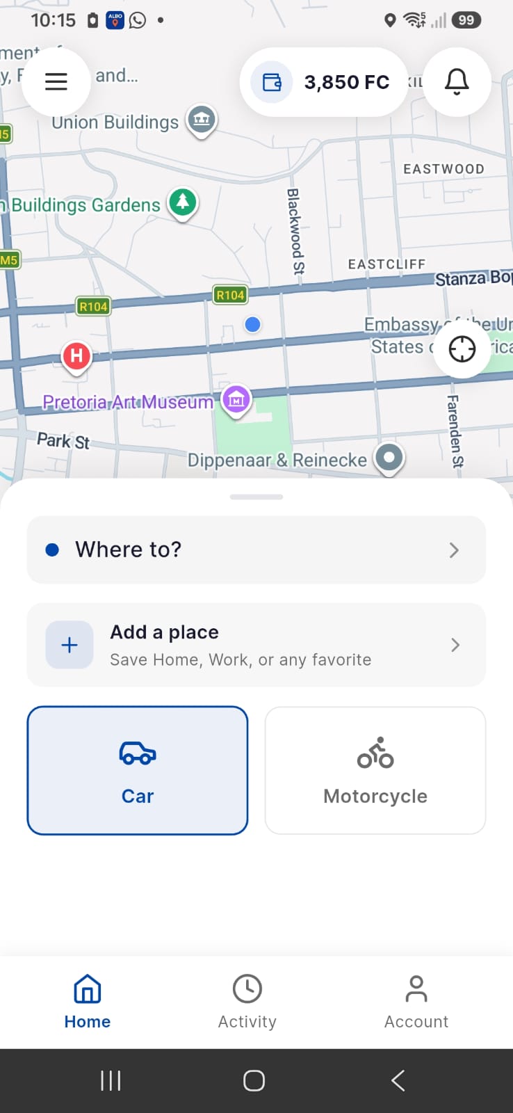 ALBO Taxi app home screen with map and Where to? search bar