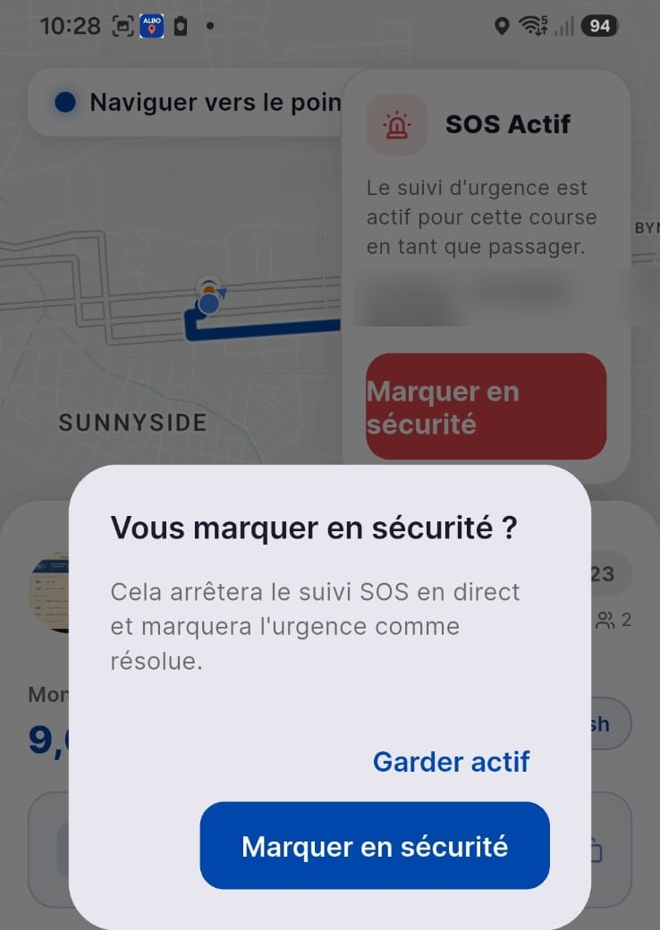 ALBO Taxi app SOS safety screen with Mark as Safe confirmation