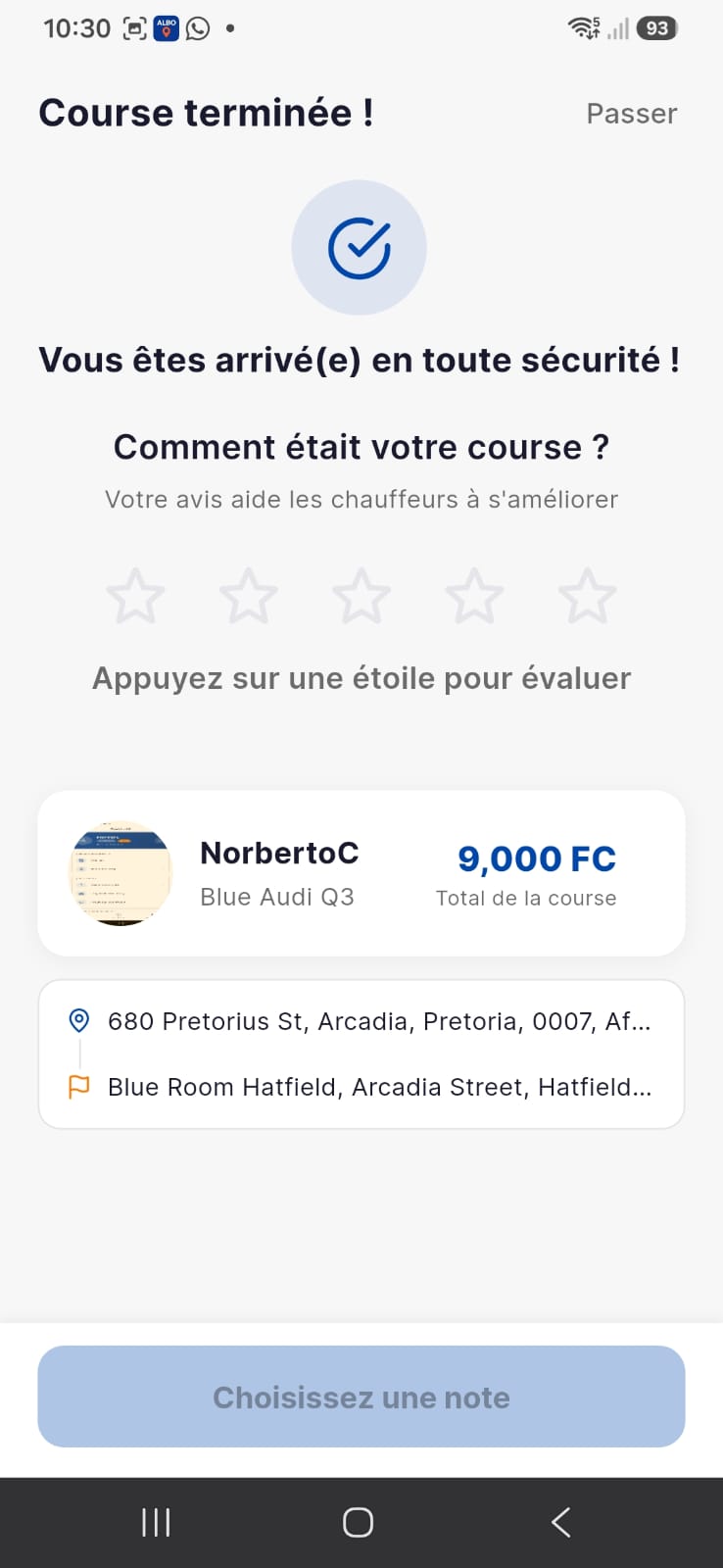 ALBO Taxi trip completed screen with driver rating stars